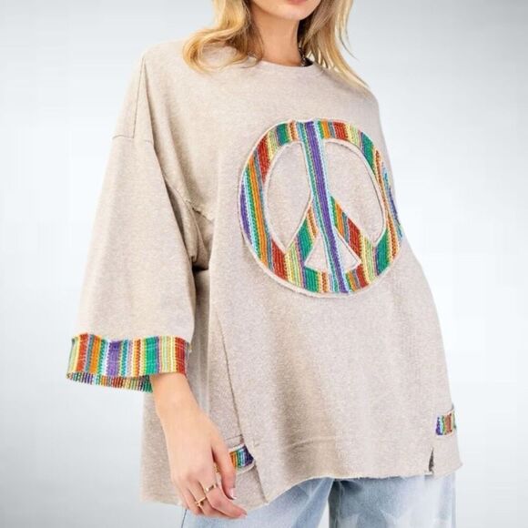 easel Tops - Size 1X Easel Los Angeles Peace Sign Patch Terry Soft Wash Tunic Top in Oatmeal